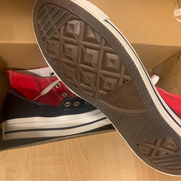 UNISEX BLACK AND RED DOUBLE LACE HIGH TOP CONVERSE SNEAKERS - Picture 3 of 3